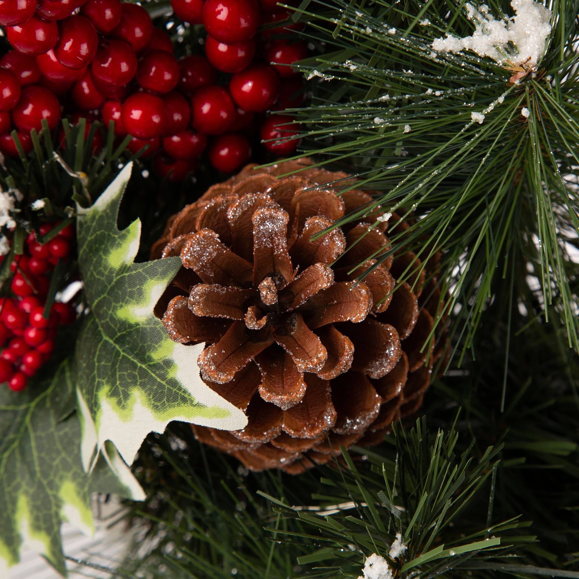 Glitzhome 24" Pre-Lit Buffalo Check Bow, Berry, Holly & Pinecone LED Wreath